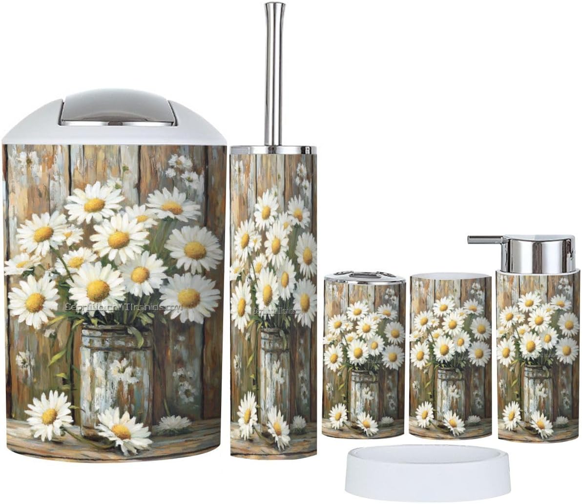 Yellow and White Daisies Bathroom Accessory Set 6 Piece