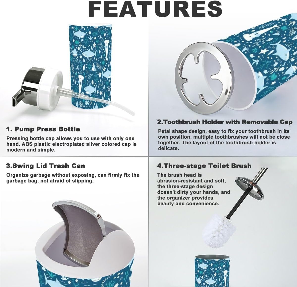 Cute Sharks Bathroom Accessory Set of 6