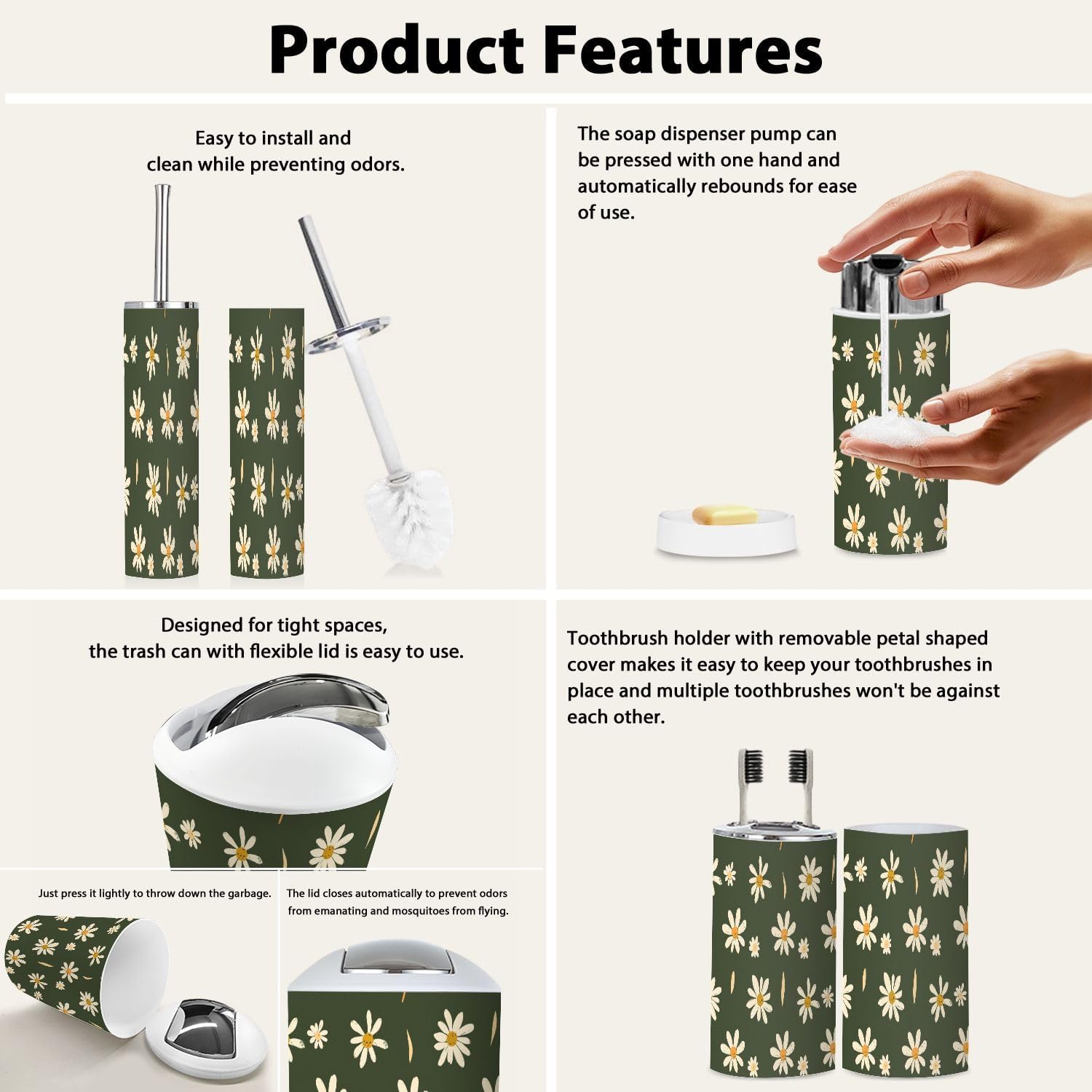 Boho Daisies Bathroom Accessory Set 6 Piece 1
