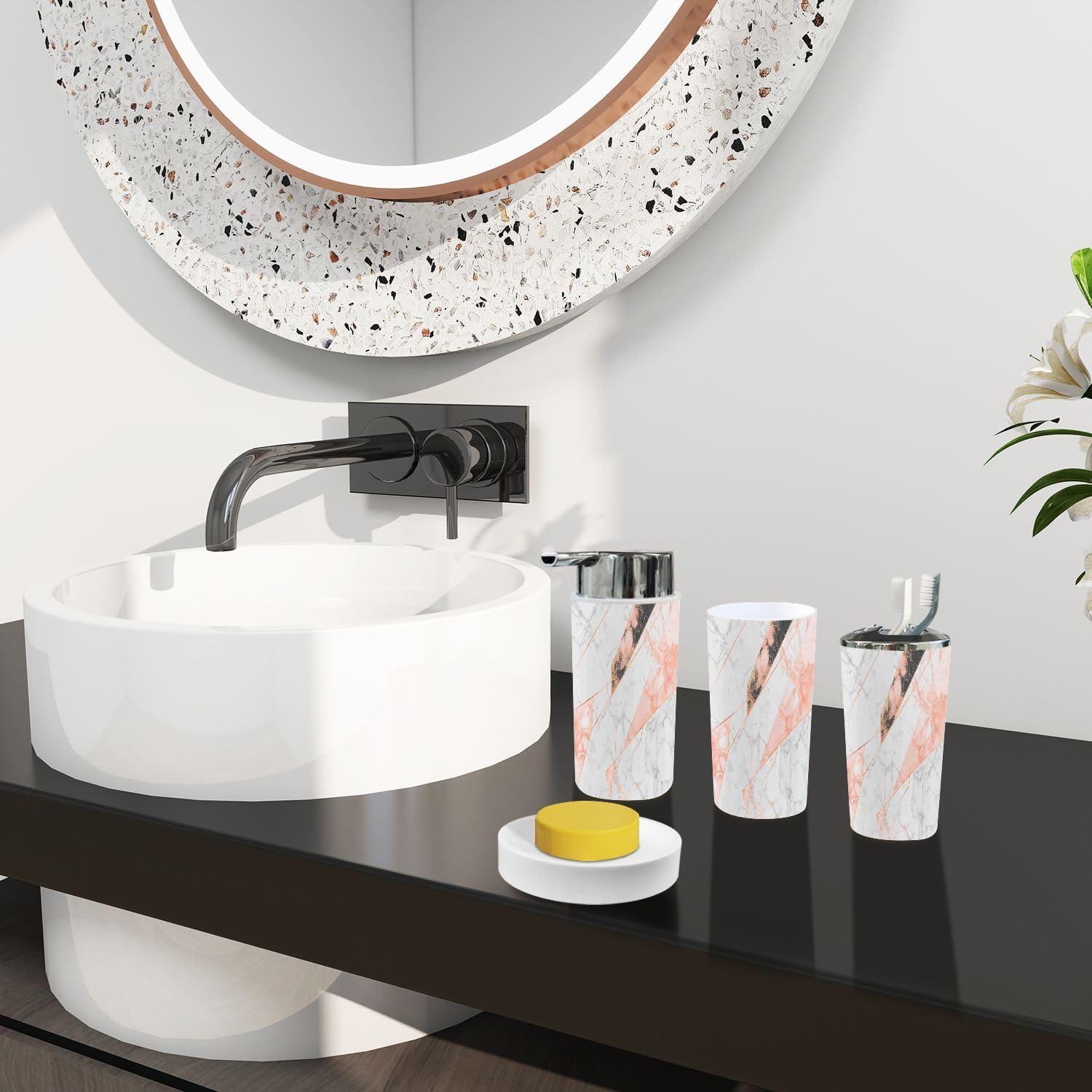Boho Rose Gold Marble Bathroom Accessories Set 6 Piece 1