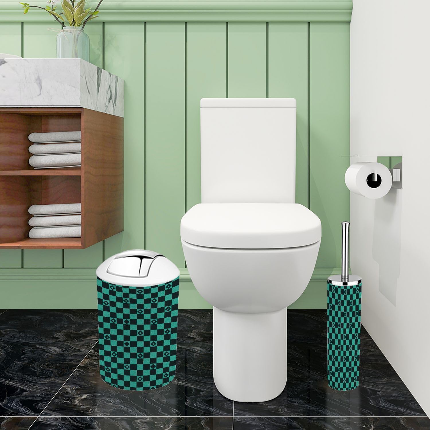 Boho Bathroom Accessory Set 6 Piece Green Black