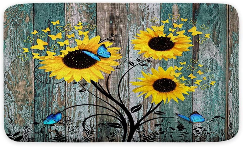 Grtuspr Sunflower Bath Rug with Teal Butterfly