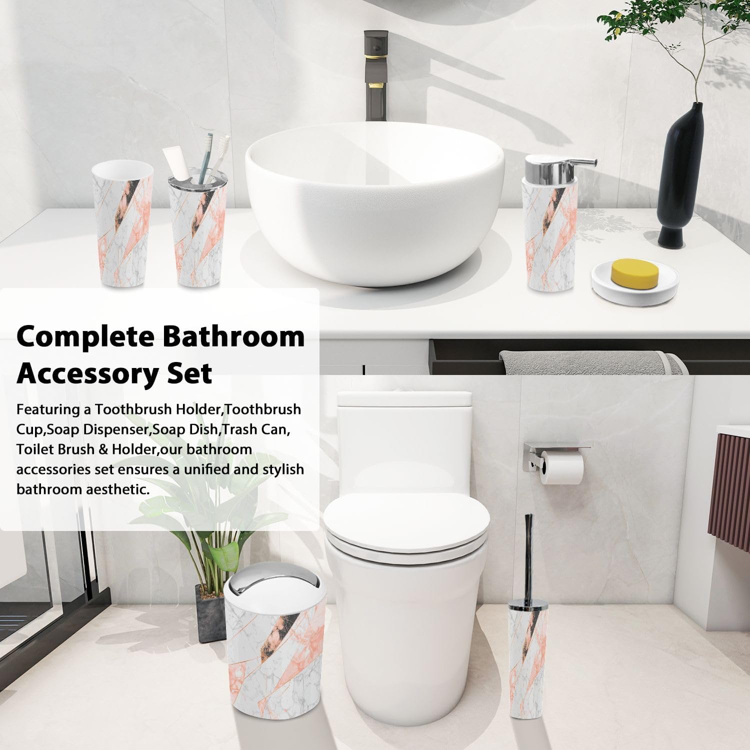 Boho Rose Gold Marble Bathroom Accessories Set 6 Piece 1