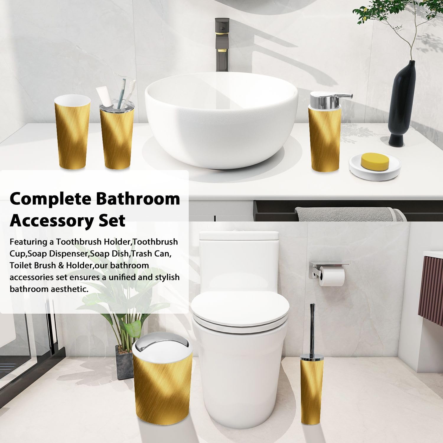 Boho Gold Texture 6-Piece Bathroom Accessory Set