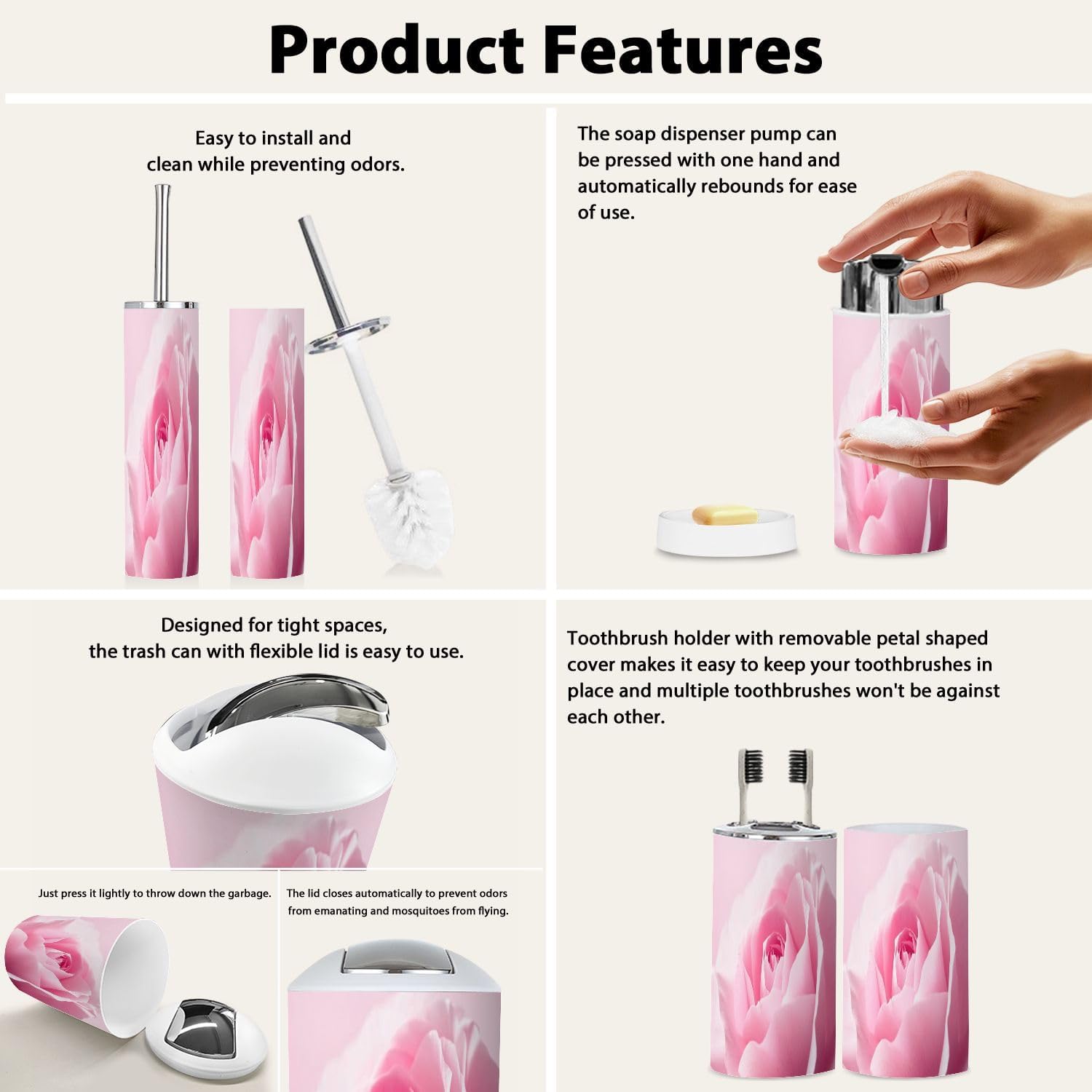 Boho Bathroom Accessory Set 6 Piece Light Pink
