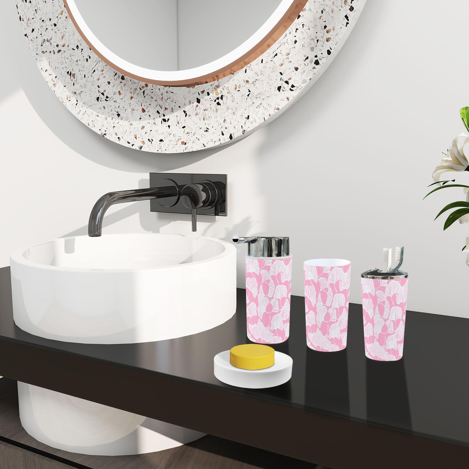 Boho Bathroom Accessory Set 6 Piece White Ginkgo Leaves