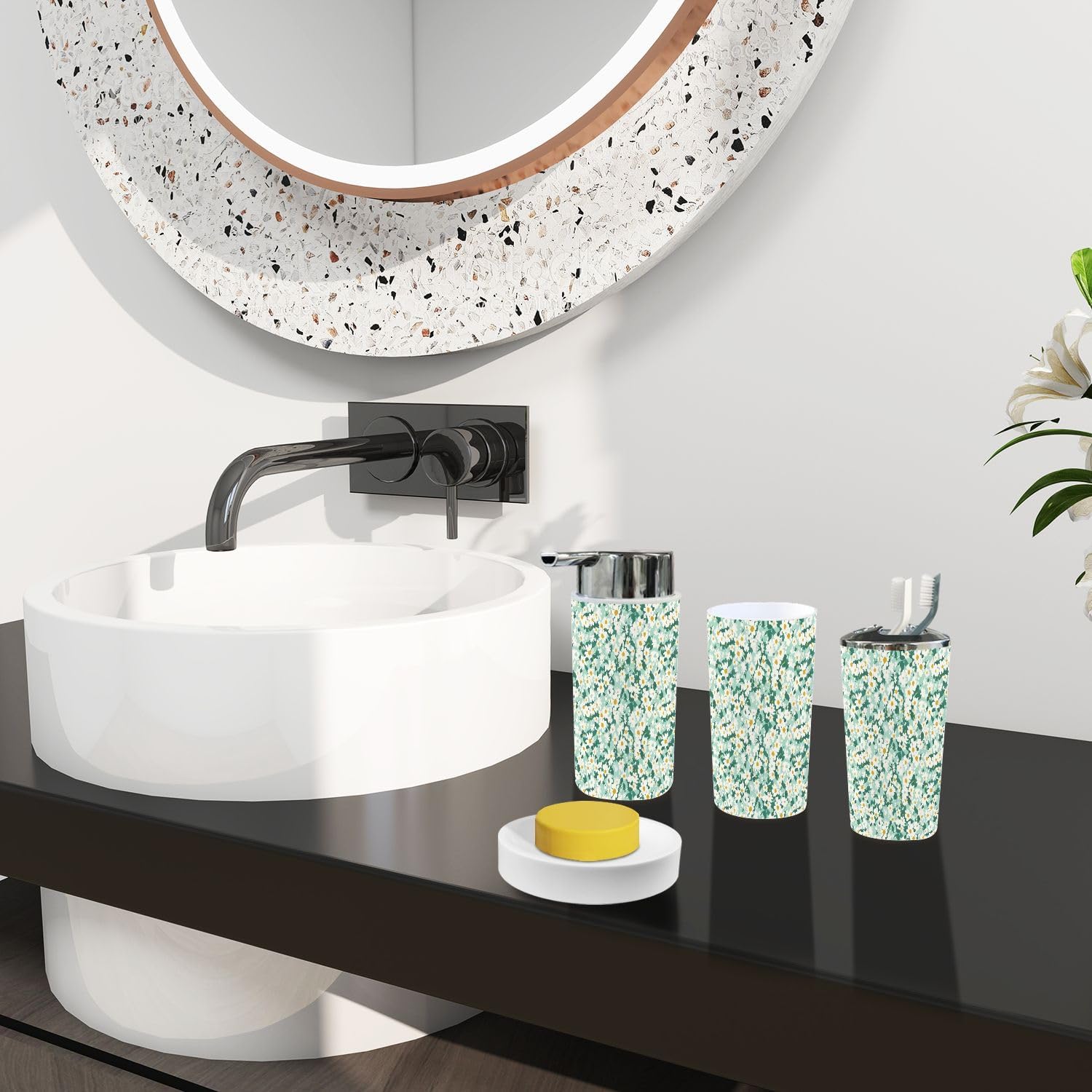 Boho Daisy Pattern 6-Piece Bathroom Accessory Set