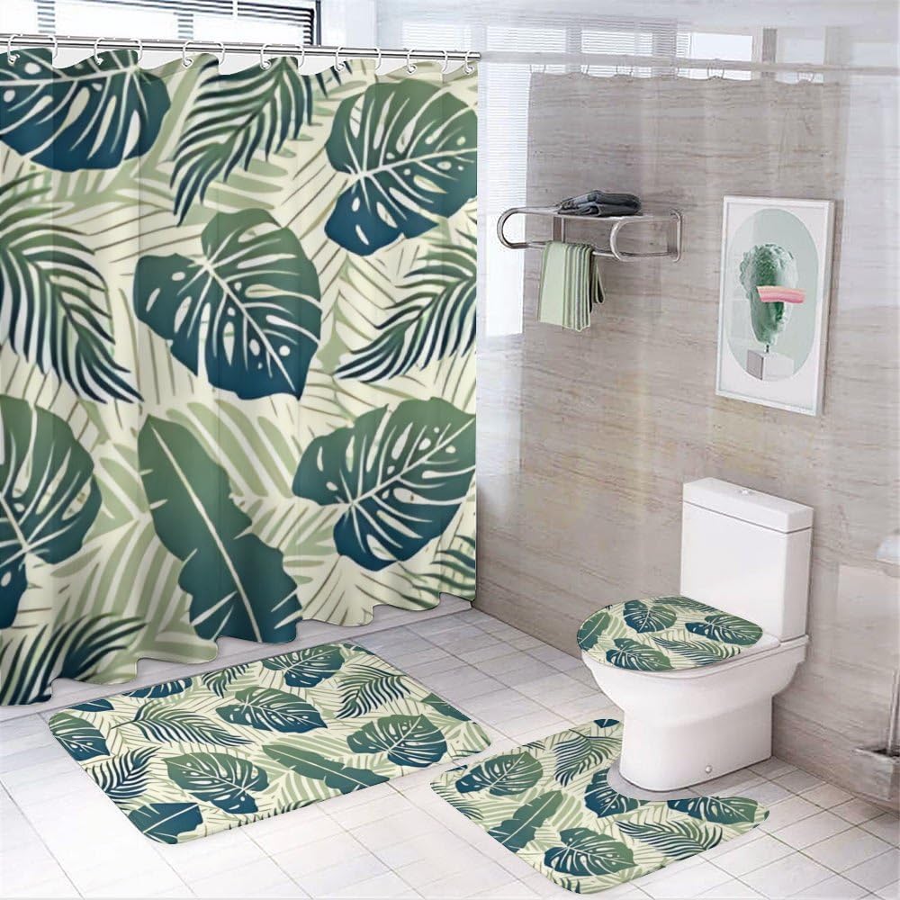 Kuizee 4-Piece Tropical Green Leaf Shower Curtain Set with Non-Slip Rugs