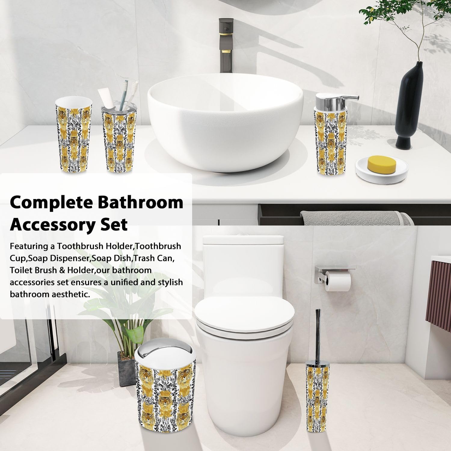 Boho Gold Damask Bathroom Accessory Set 6 Piece