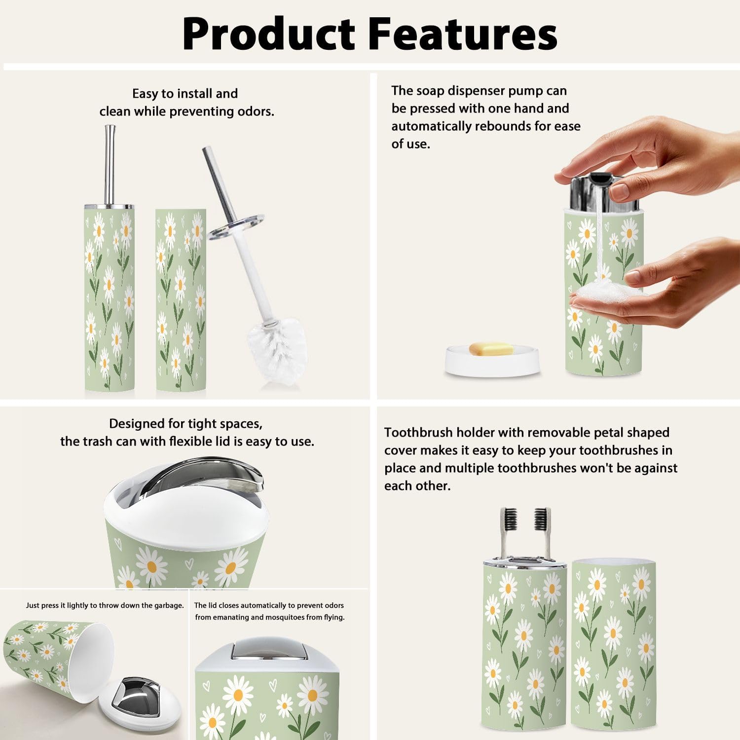 Bathroom Accessory Set 6 Piece Boho Daisy Flower Design