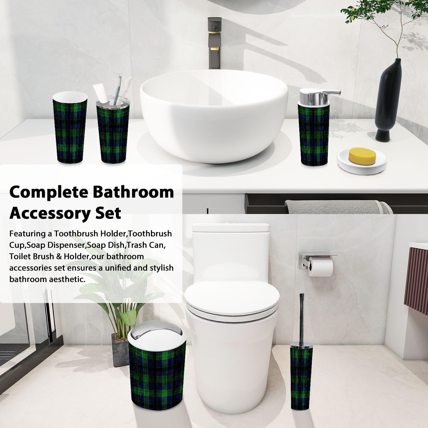 Boho Tartan Trash Can and Bathroom Accessories Set