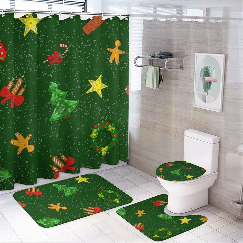 Kuizee Christmas Shower Curtain Set with 4 Bath Rugs