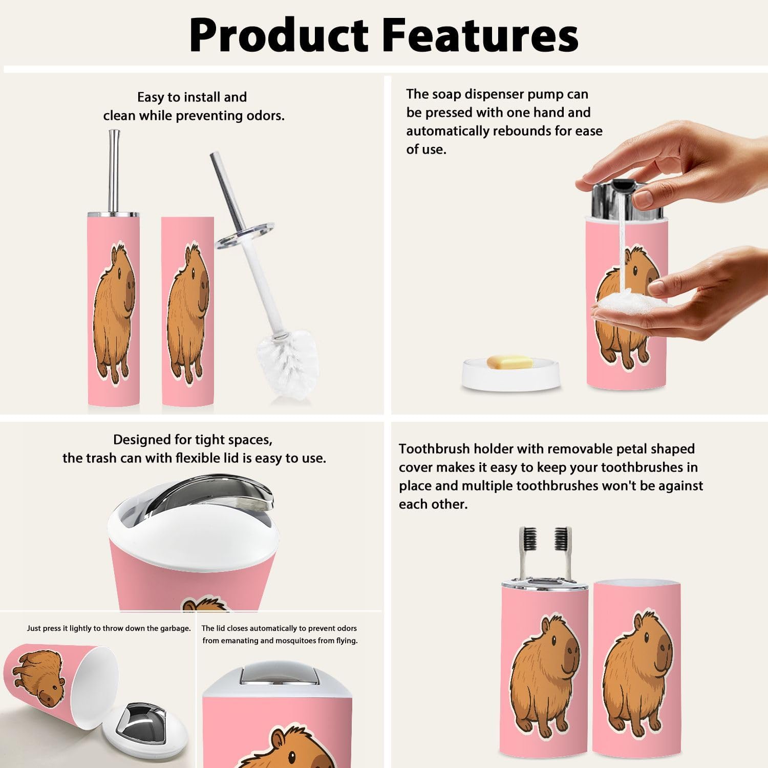 Boho Cartoon Capybara Bathroom Accessories Set 6 Piece