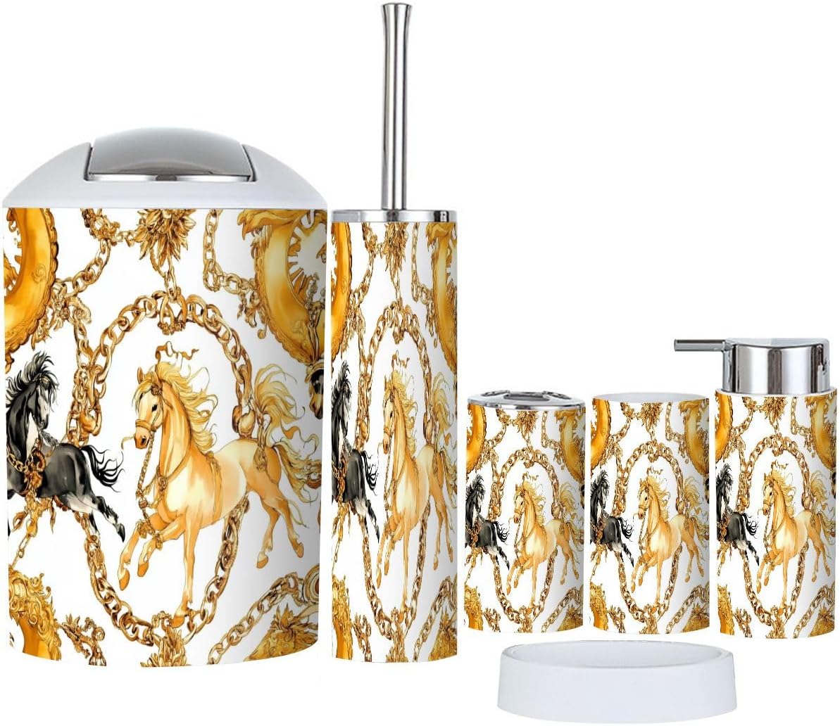 TRANQDEHOM 6 Piece Boho Golden Horses Bathroom Accessories Set