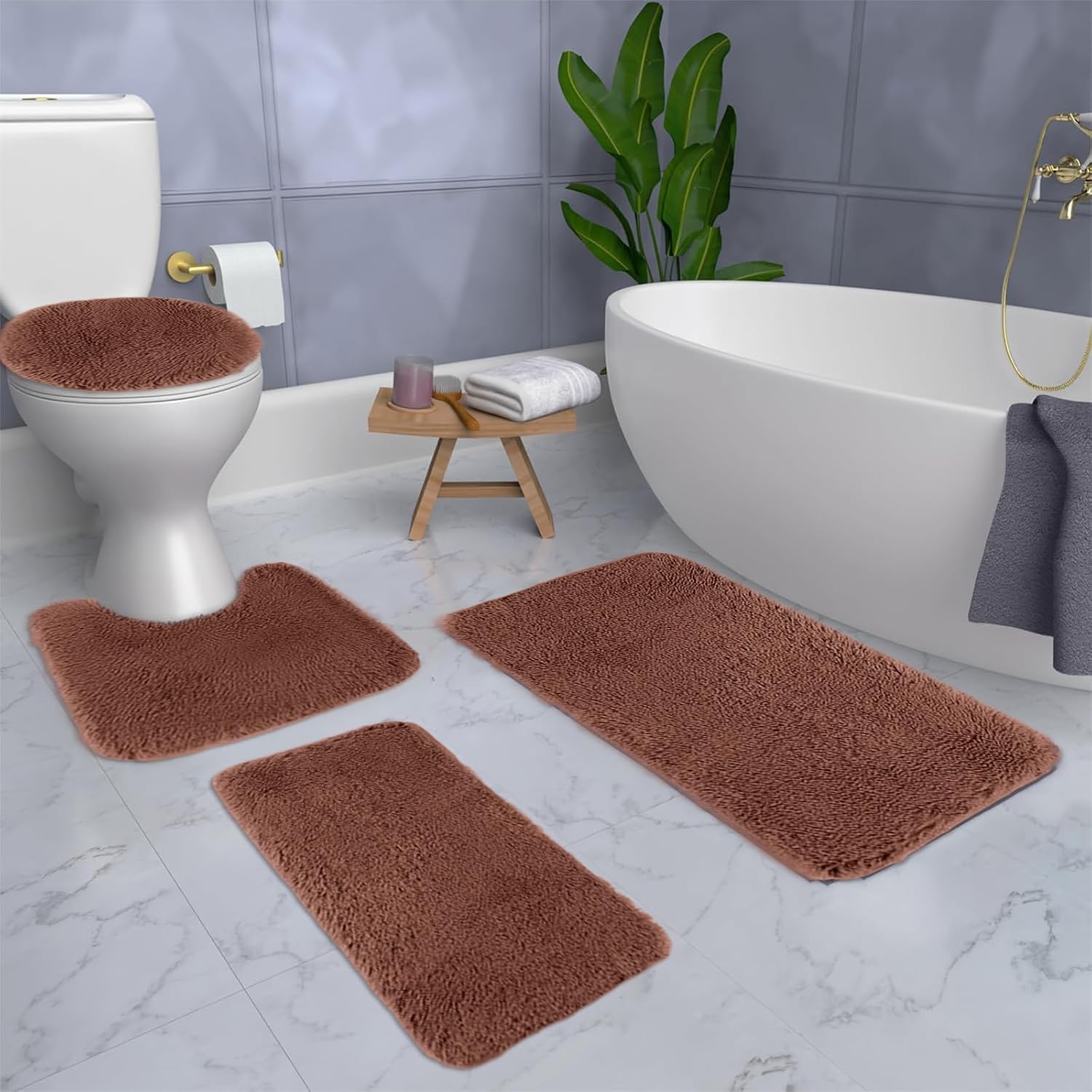 4 Piece Bathroom Rug Set with Non-Slip Mats and Toilet Cover