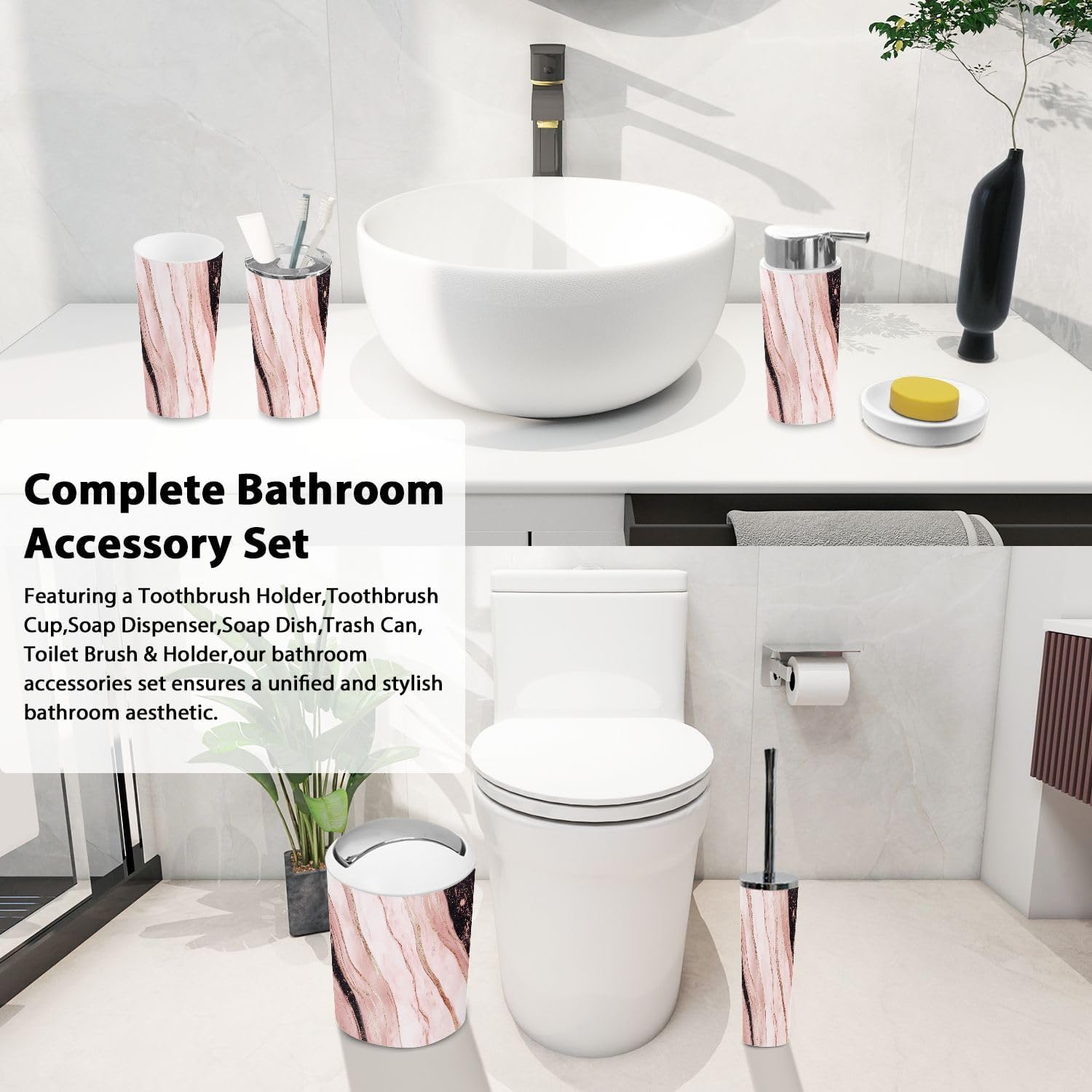 Boho Marble Style Bathroom Accessory Set 6 Piece