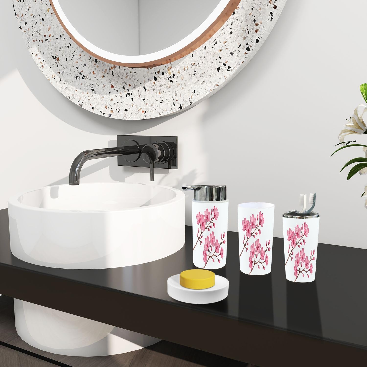 Boho Cherry Blossom Bathroom Accessory Set 6 Piece 1