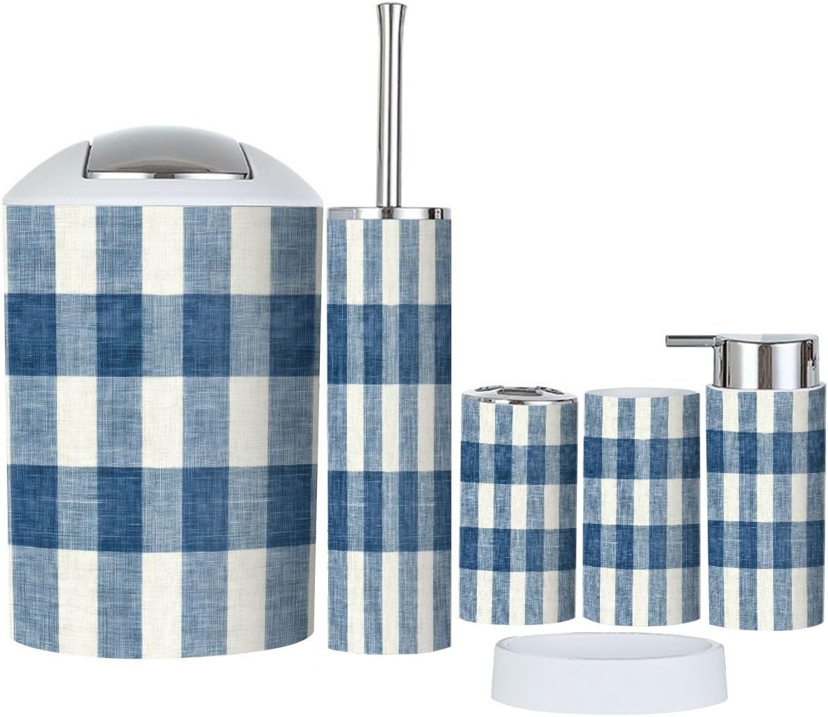 Boho Bathroom Accessory Set 6 Piece Blue Gingham 1