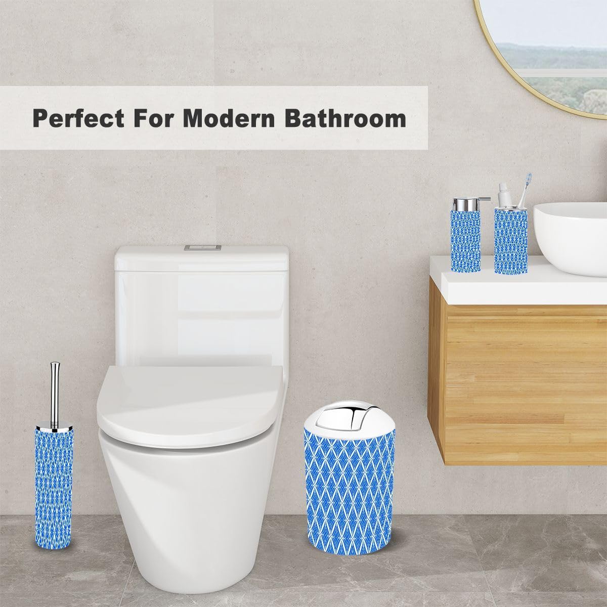 Modern 6 Piece Blue White Tile Bathroom Accessories Set