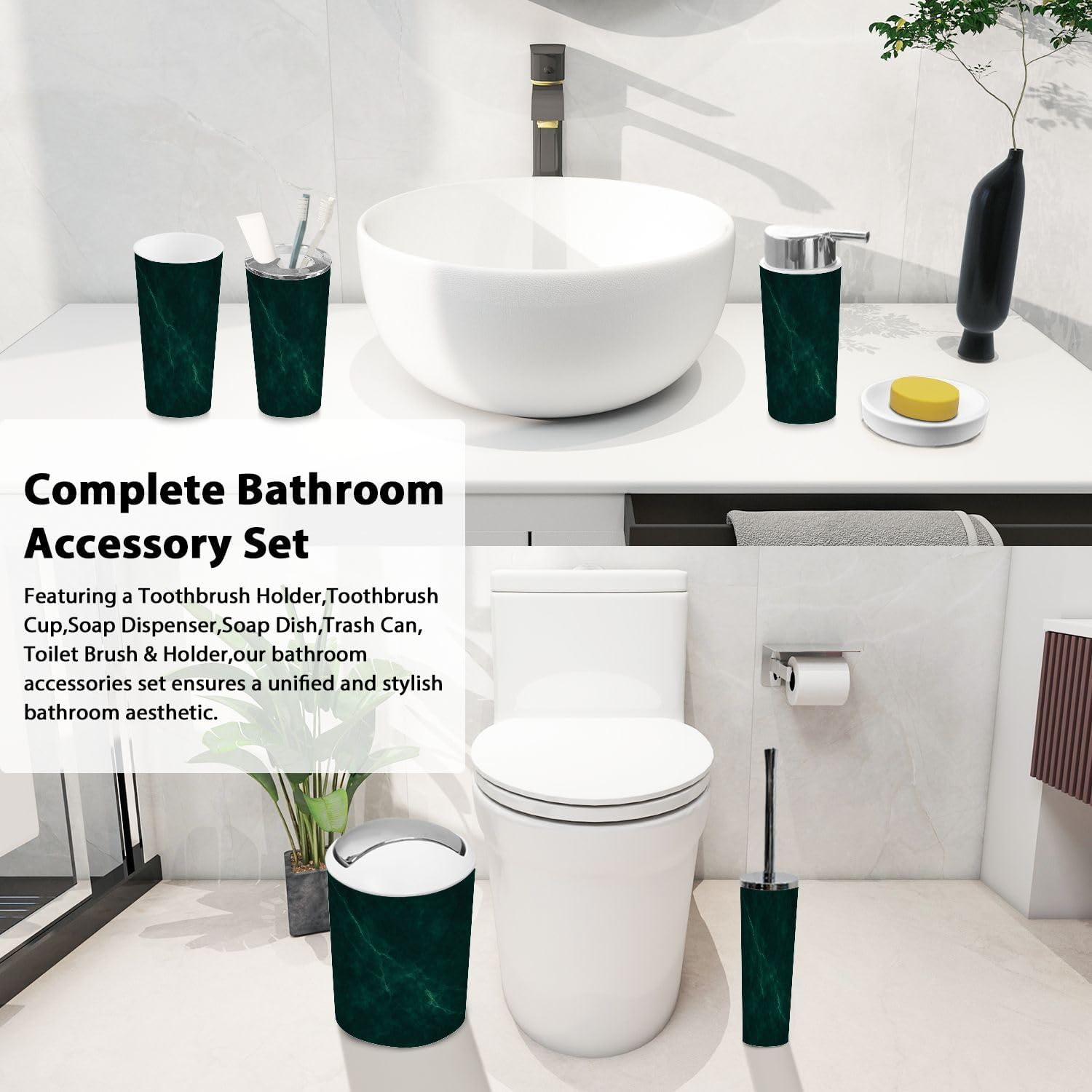 Boho Dark Green Marble Texture Bathroom Accessory Set 6 Pieces