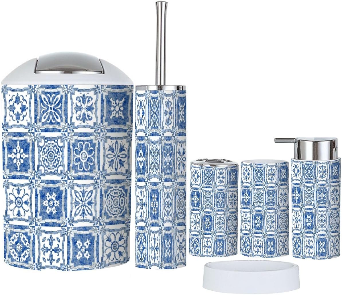 Modern 6 Piece Bathroom Accessory Set with Blue Tiles Design