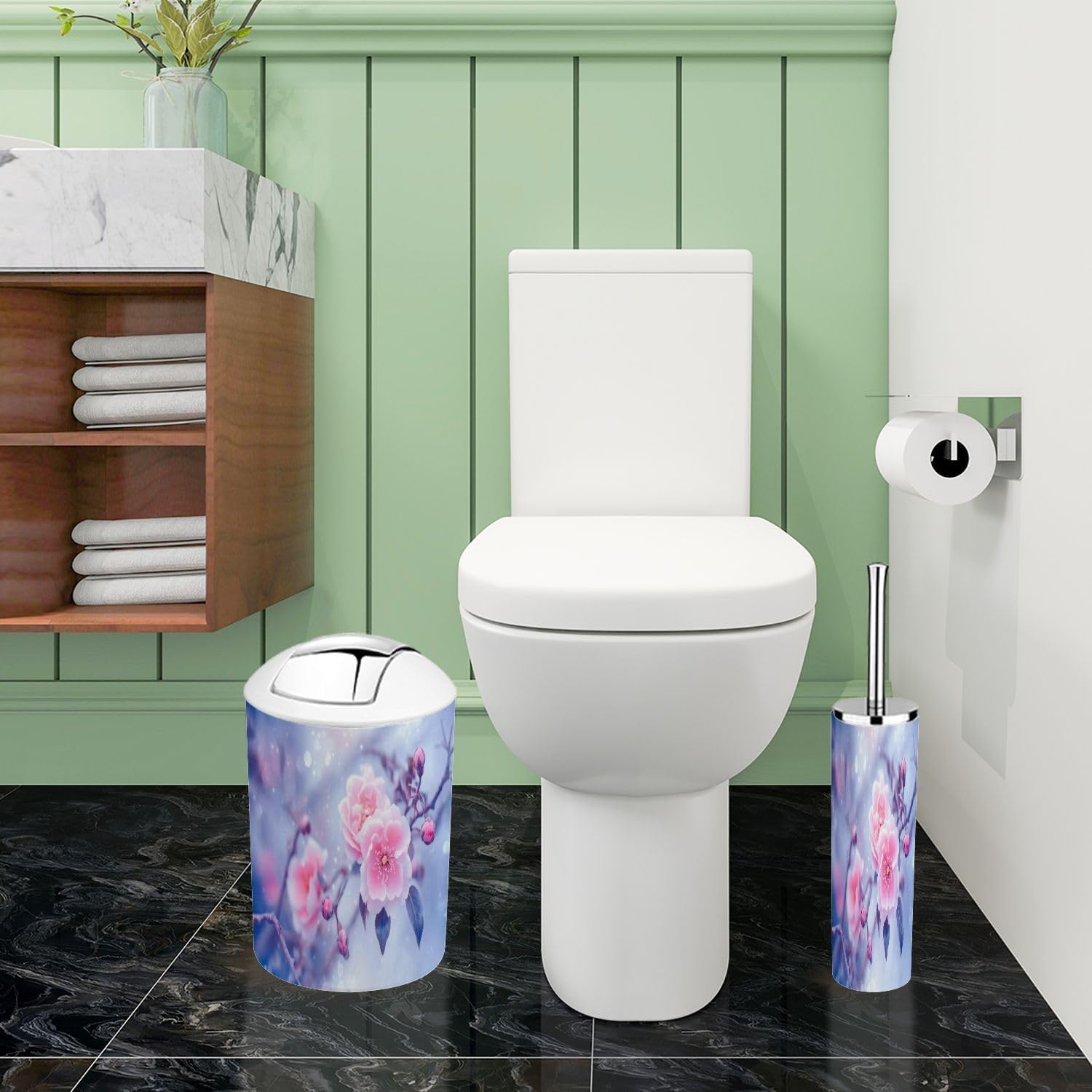 Boho Style 6-Piece Bathroom Accessory Set with Pink Roses