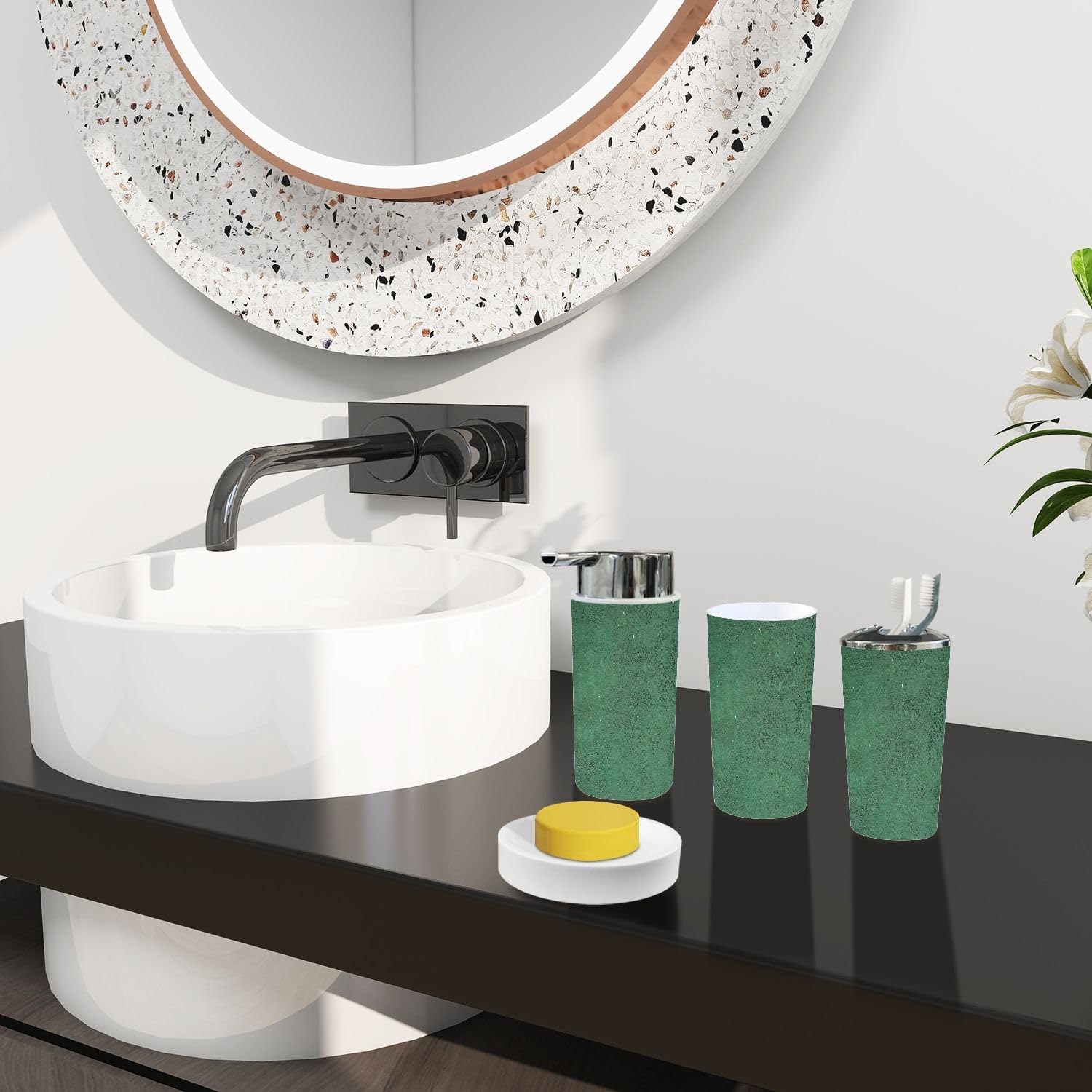 Boho Green Bathroom Accessory Set 6 Piece 1