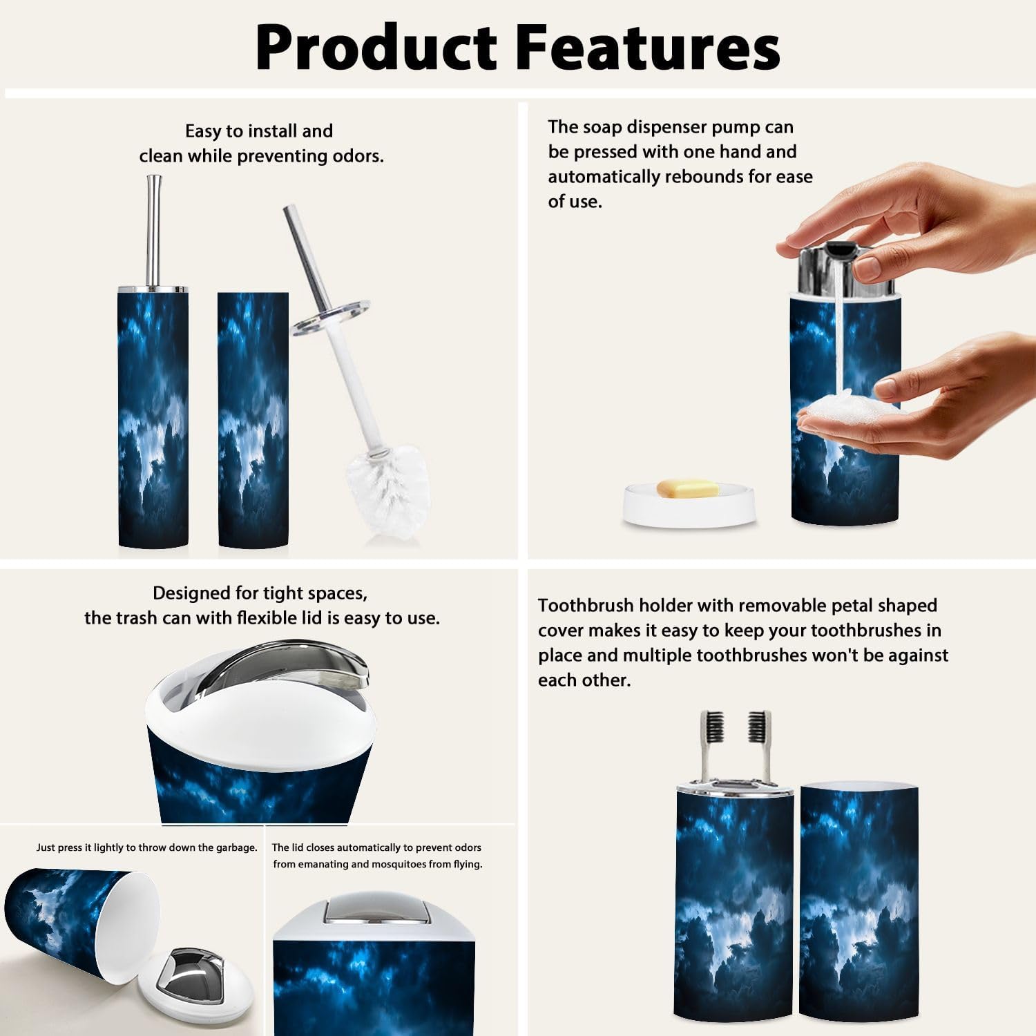 Boho Dark Blue Bathroom Accessory Set 6 Piece