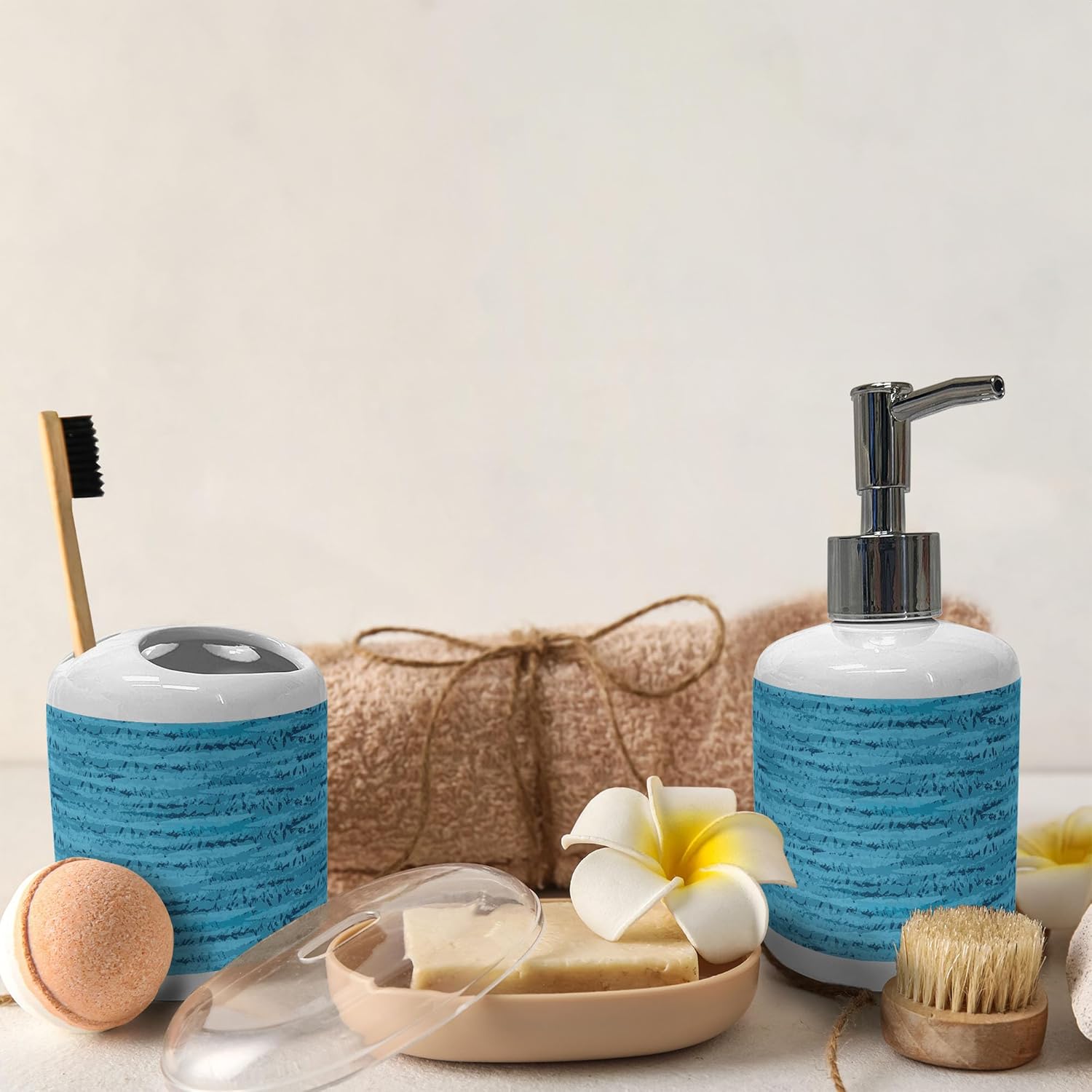 Ambesonne Nautical Soap Dispenser Toothbrush Holder Set Deep Sky Blue Teal
