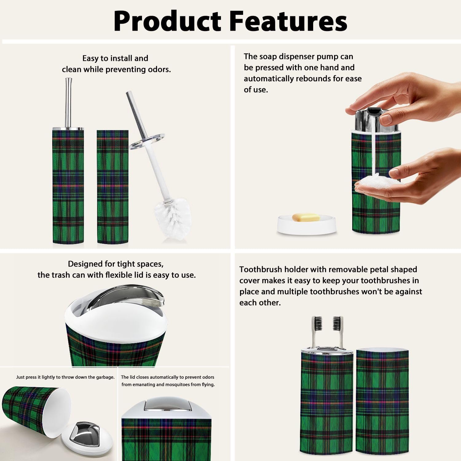 Boho Scottish Tartan Bathroom 6-Piece Accessory Set