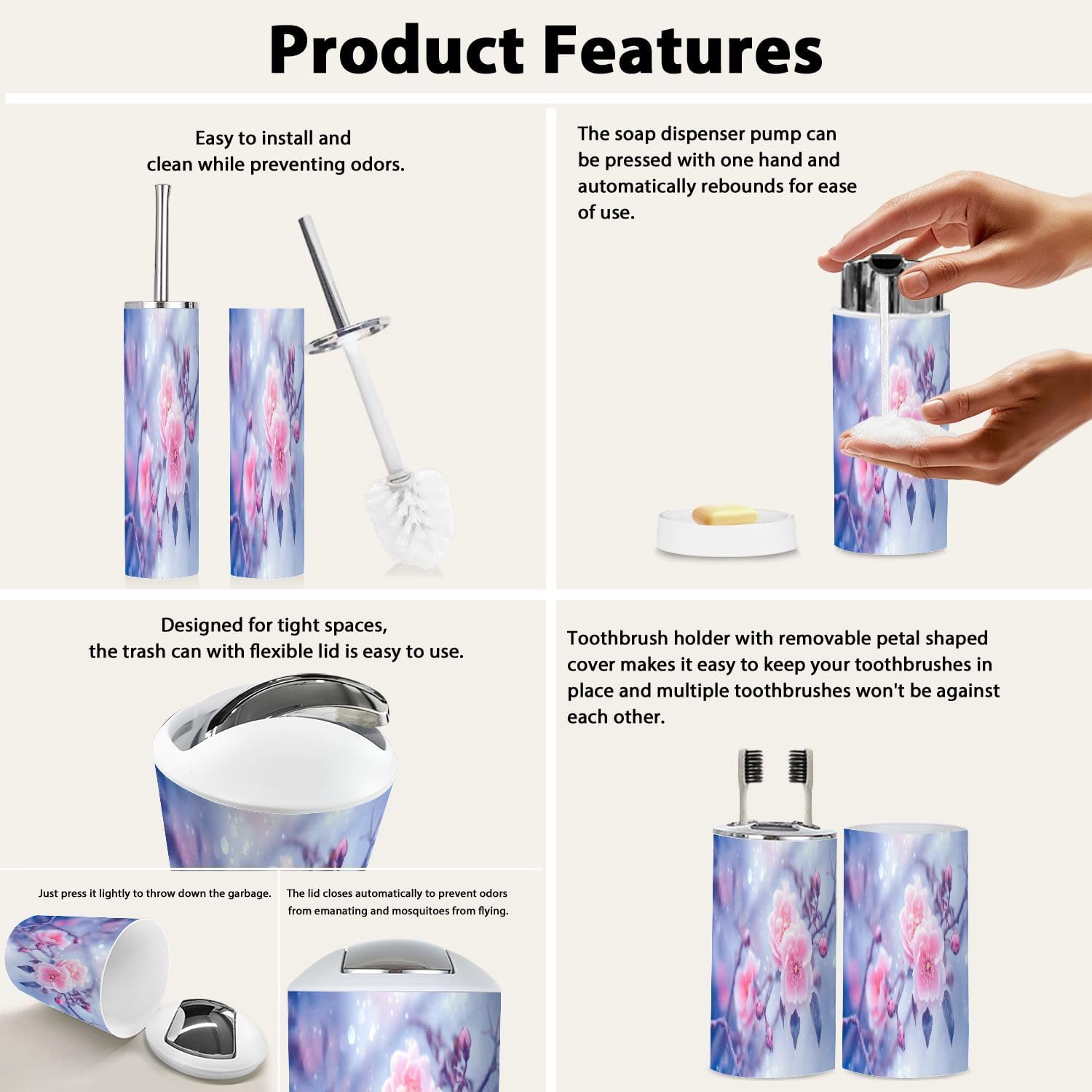 Boho Style 6-Piece Bathroom Accessory Set with Pink Roses