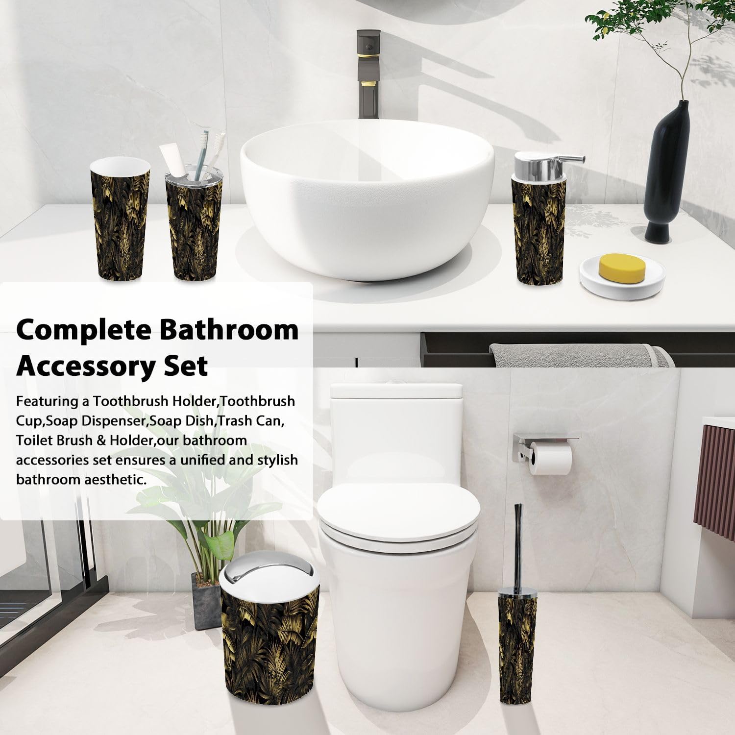 TRANQDEHOM 6-Piece Boho Tropical Bathroom Accessory Set
