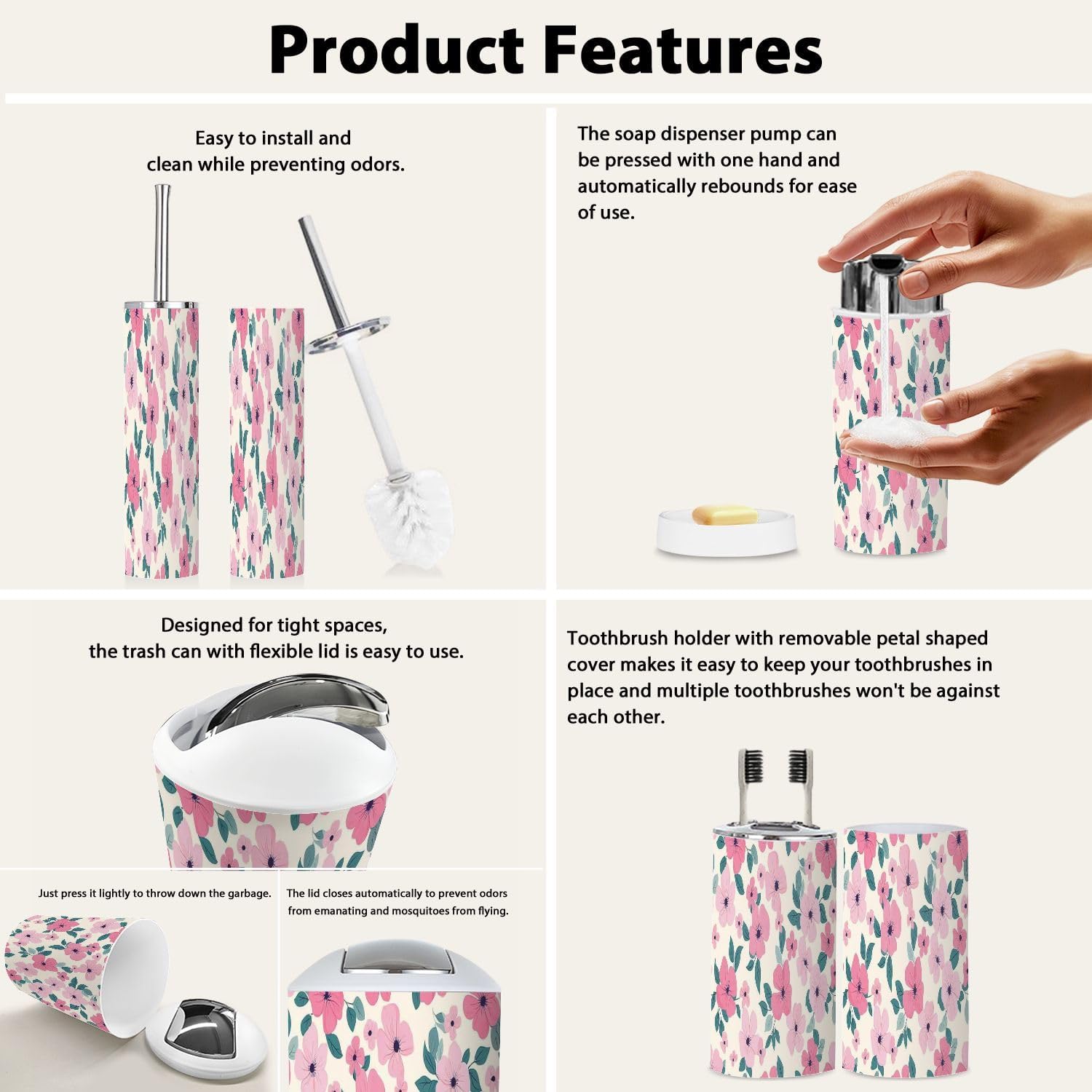 Boho Floral Bathroom Accessory Set 6 Piece