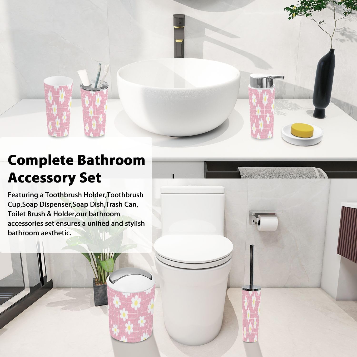 Boho Plaid Flowers Bathroom Accessory Set of 6