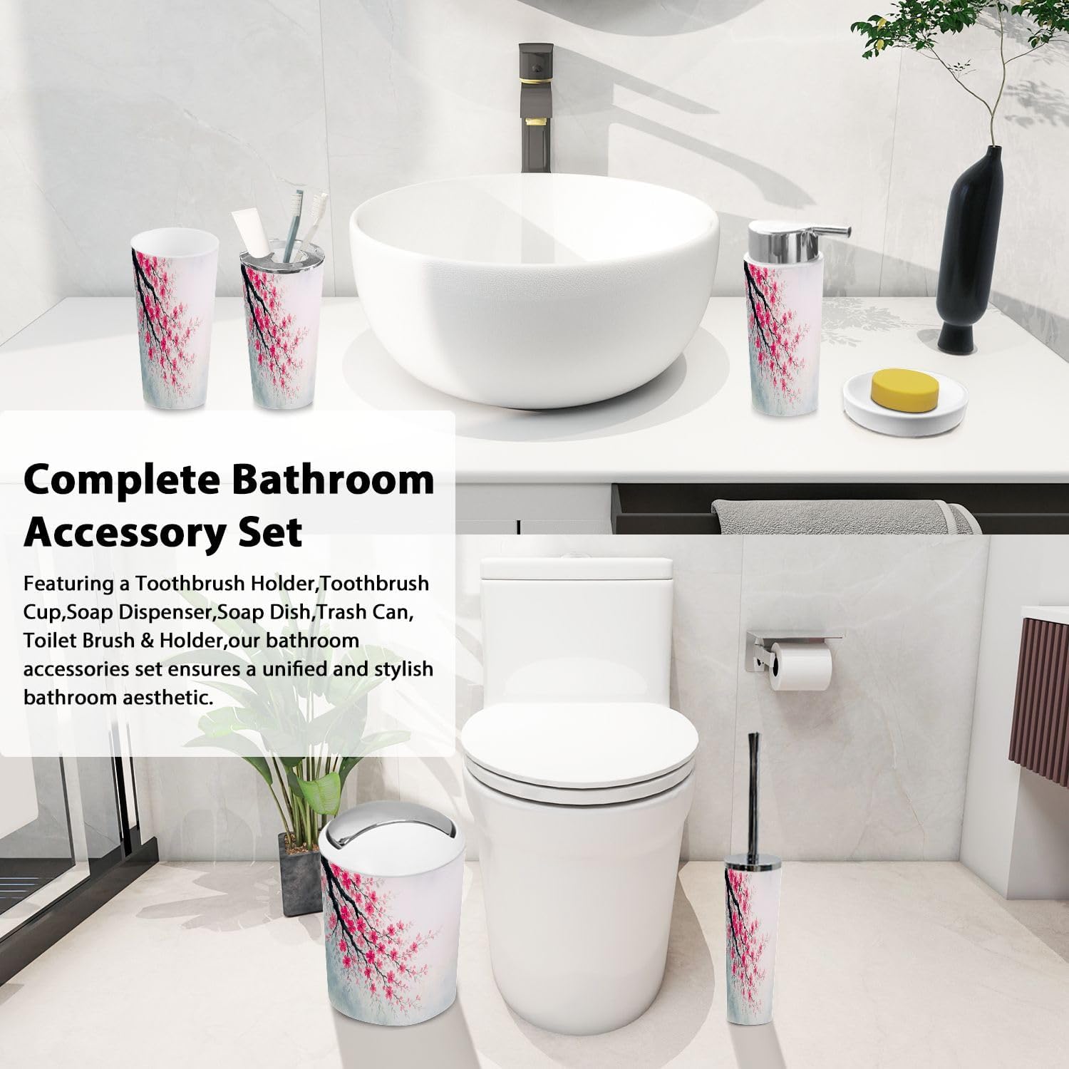 Boho Spring Cherry Blossom Bathroom Accessory Set 6 Piece