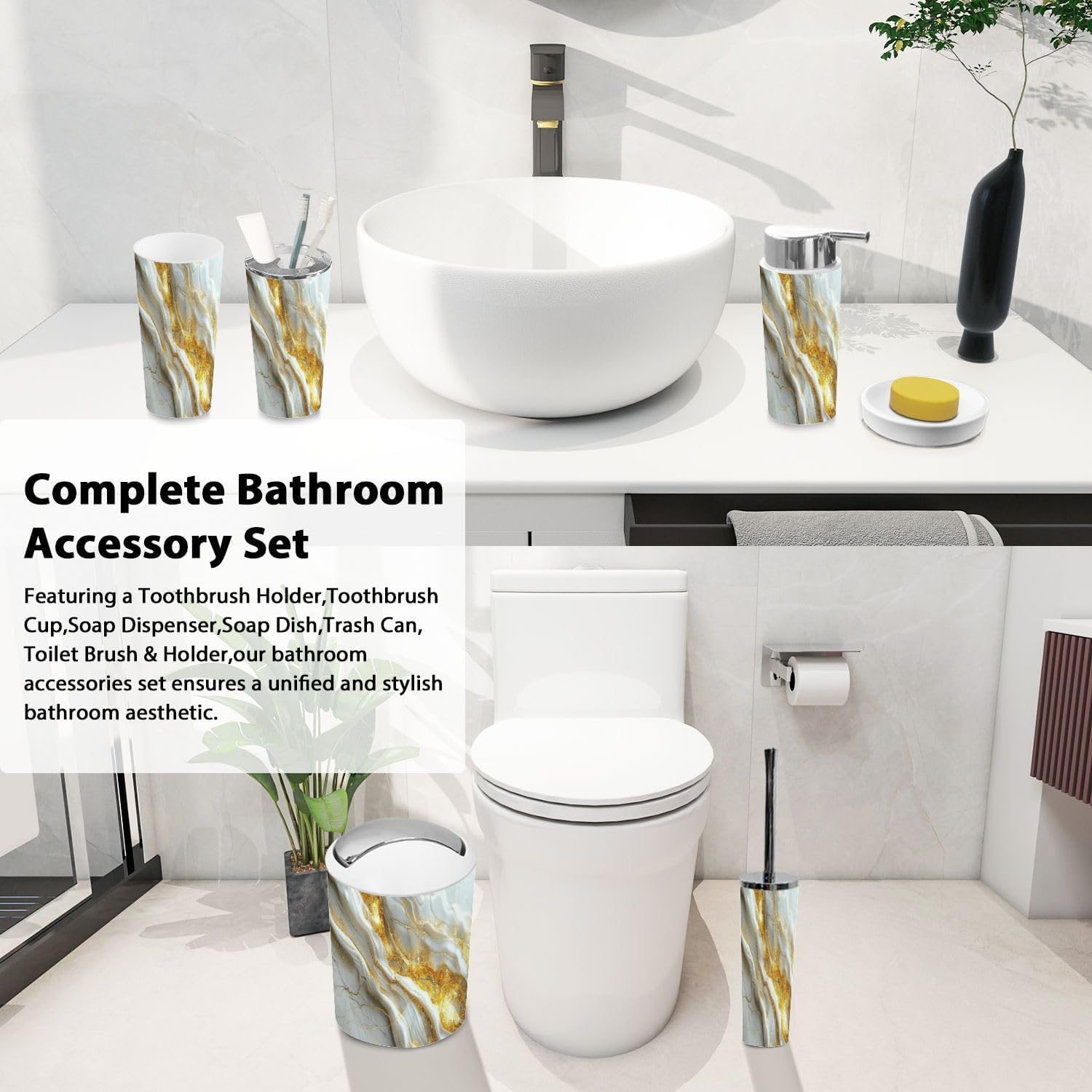 Boho Abstract Luxury Marble Bathroom Accessory Set 6 Piece