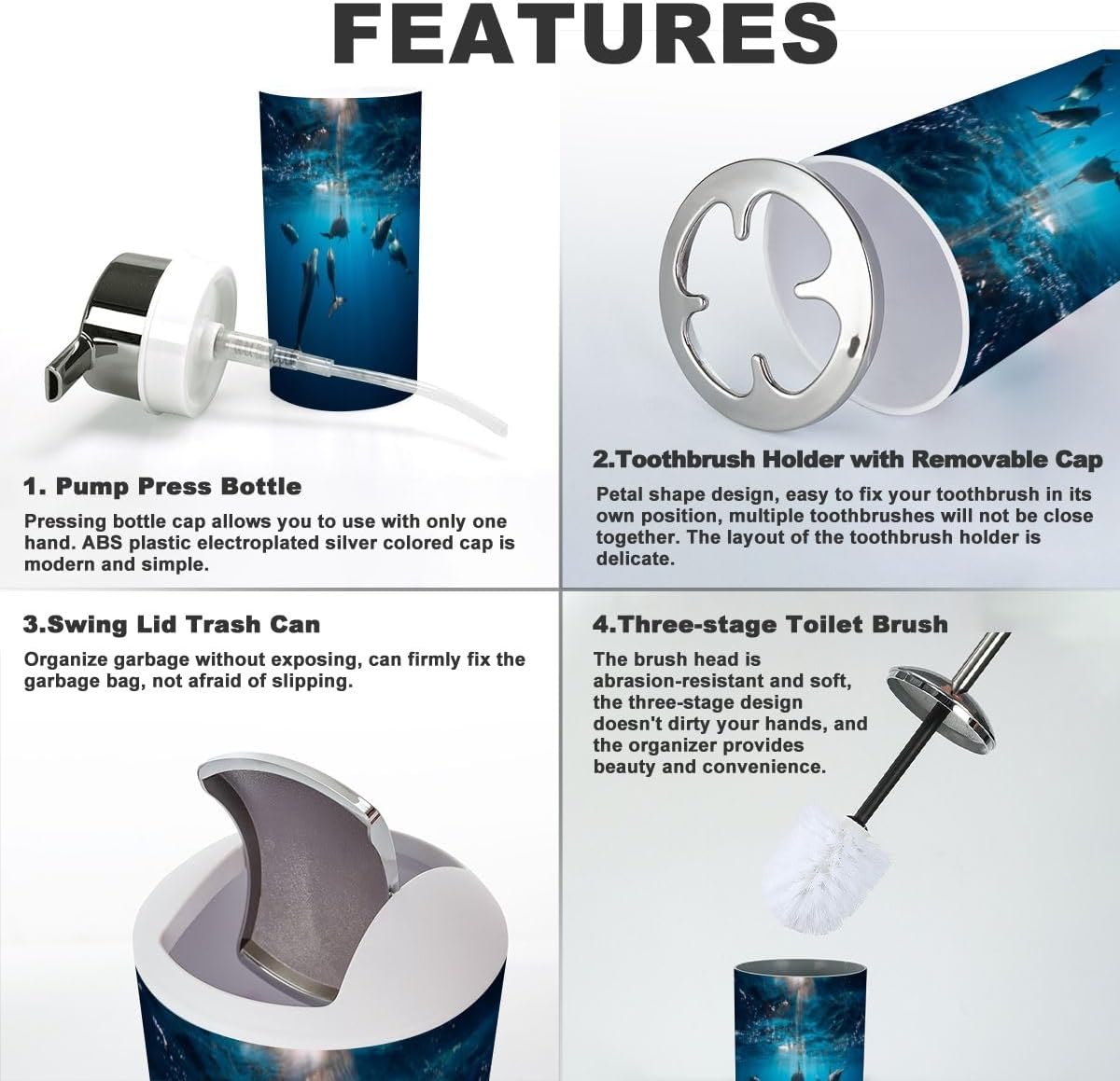 Underwater Blue Ocean Spinner Dolphins Bathroom Set 6 Piece