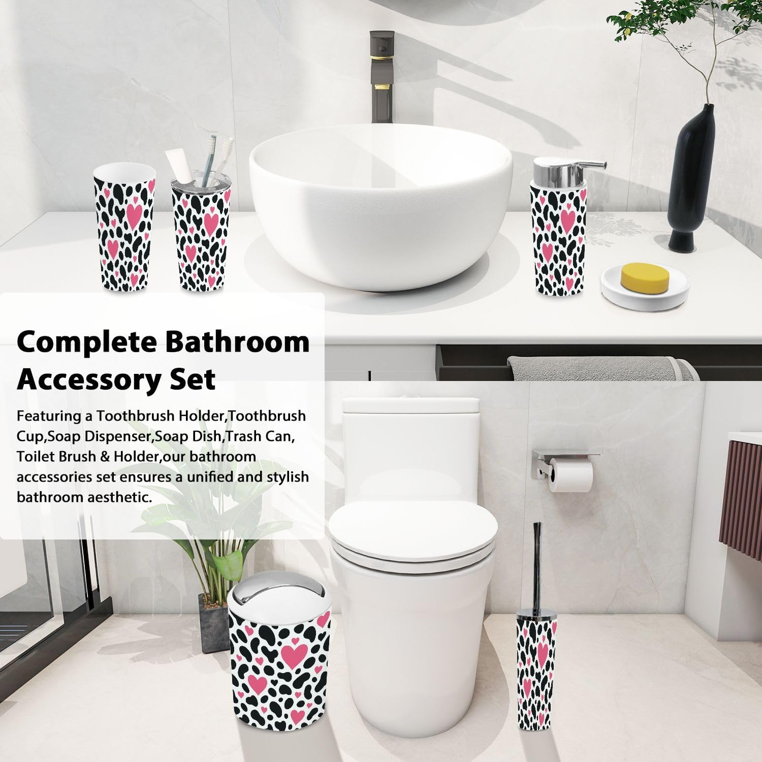Boho Dalmatian Spot Pink Heart Bathroom Accessories Set 6 Piece
