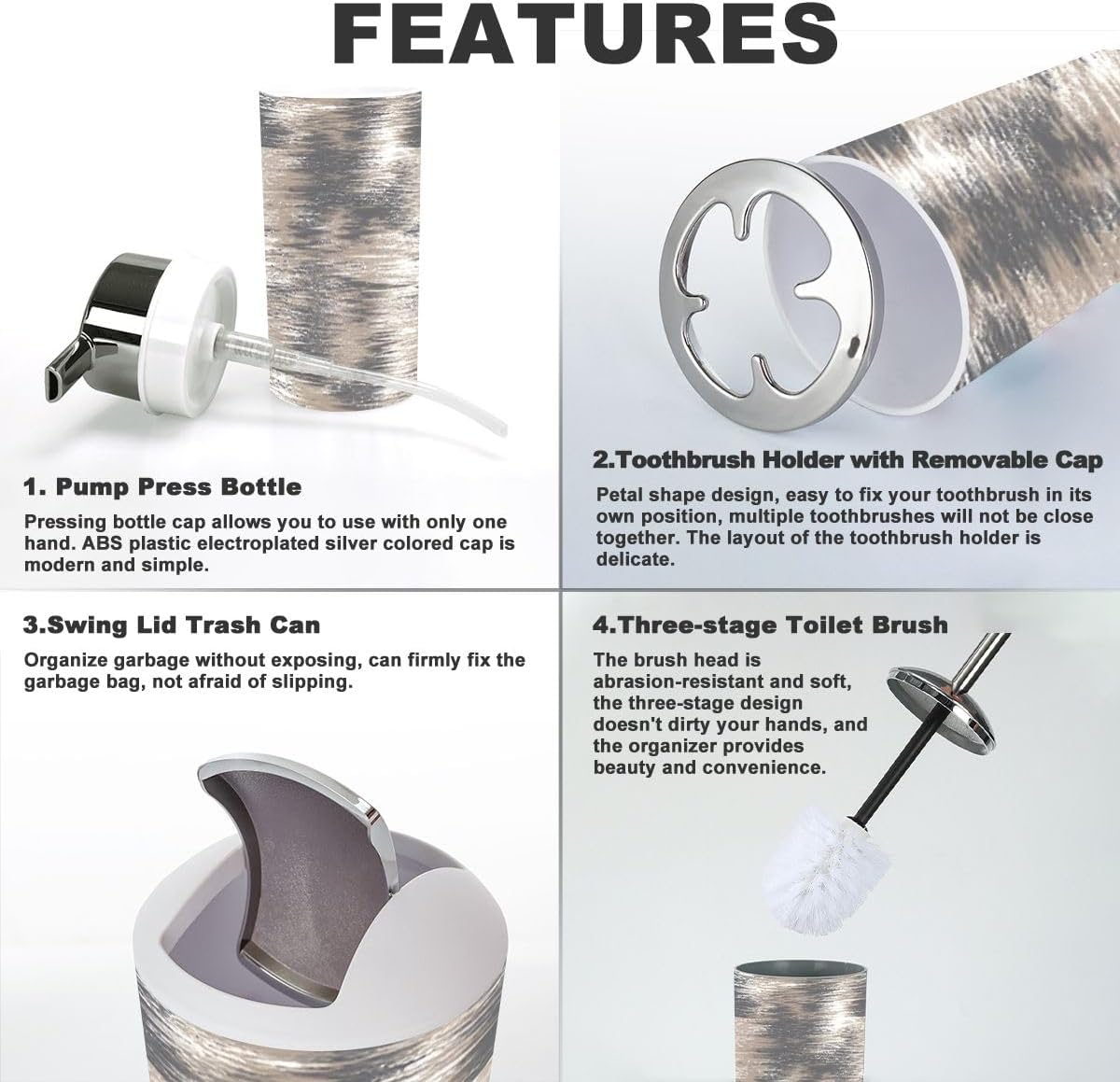 6-Piece Bathroom Accessory Set in Washed Grey Beige White