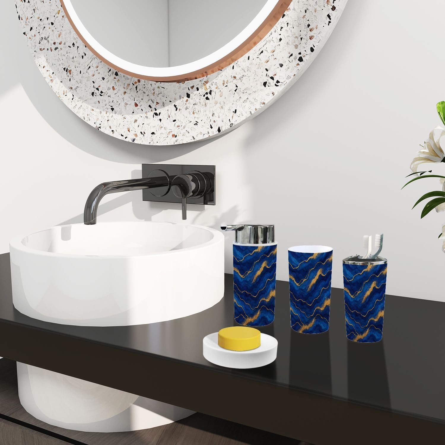Boho Blue Marble Bathroom Accessory Set 6 Piece