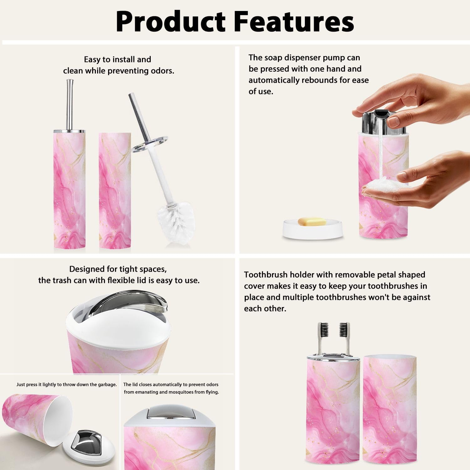 Boho Rose Pink Bathroom Accessories Set 6 Piece
