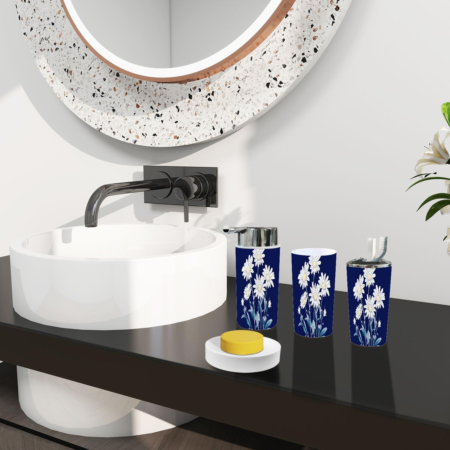 TRANQDEHOM 6-Piece Boho Daisies Bathroom Accessory Set