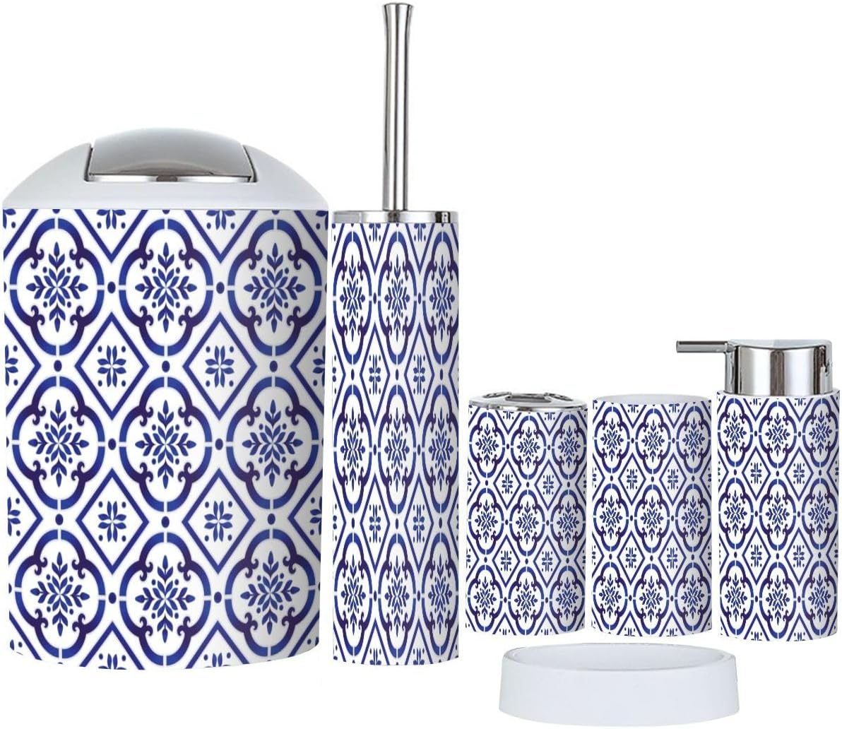 6 Piece Bathroom Accessory Set with Ceramic Tile Pattern