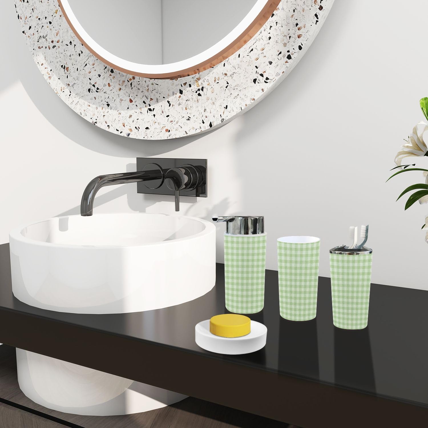 Boho Green White Plaid Bathroom 6-Piece Accessory Set