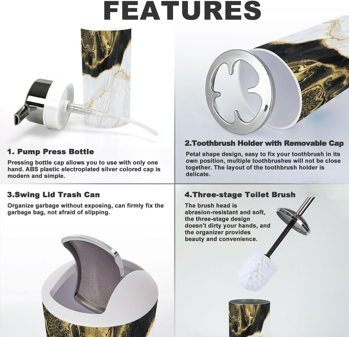 Modern 6-Piece Bathroom Accessory Set with Marble Design