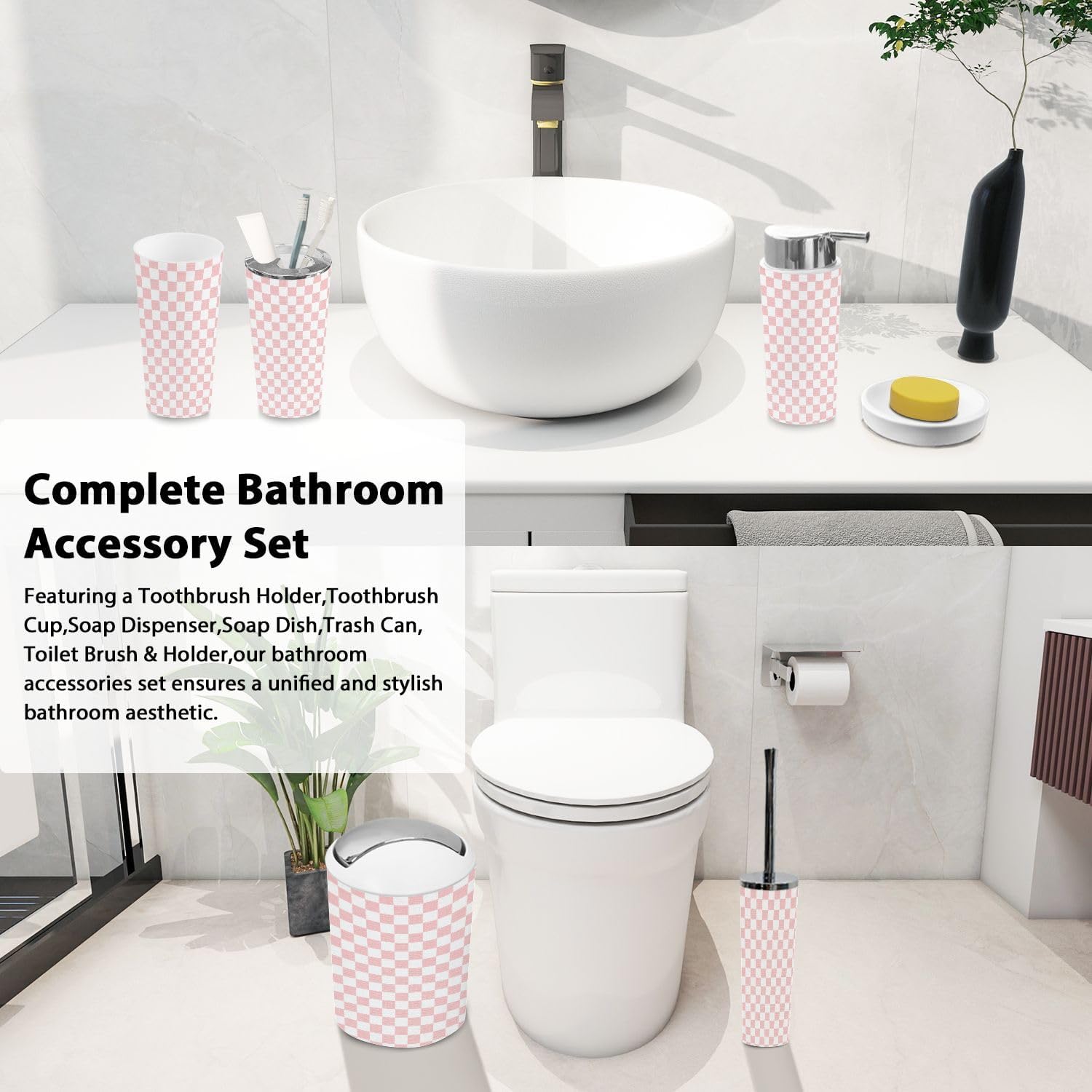 Boho Pink Checkerboard Bathroom Accessory Set 6 Piece