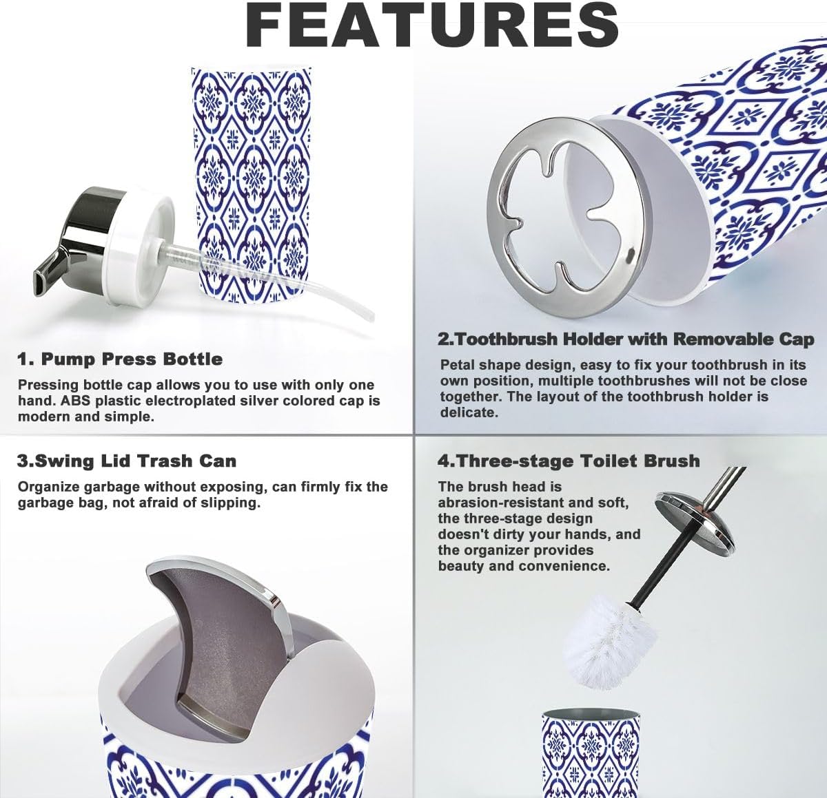 6 Piece Bathroom Accessory Set with Ceramic Tile Pattern
