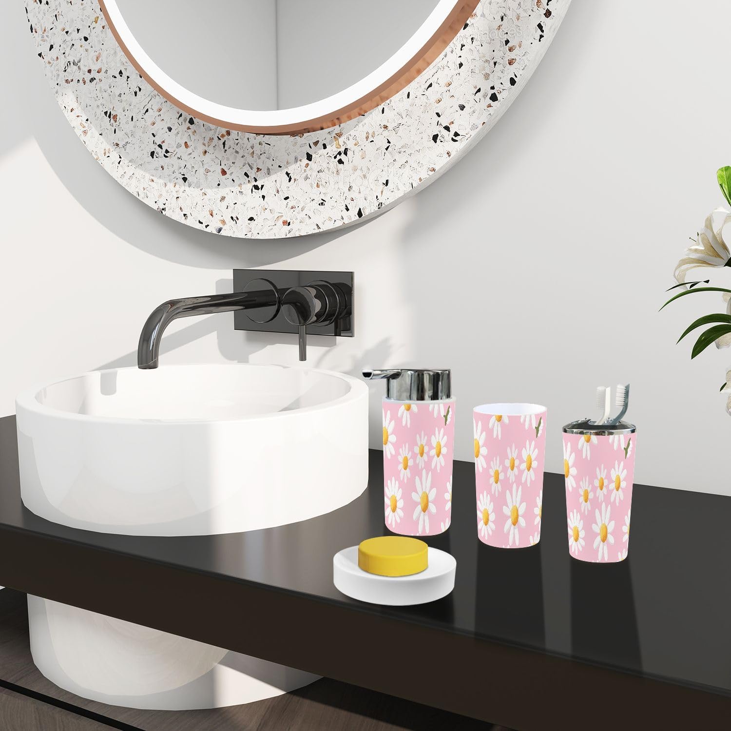Boho 6 Piece Bathroom Accessory Set White Daisies