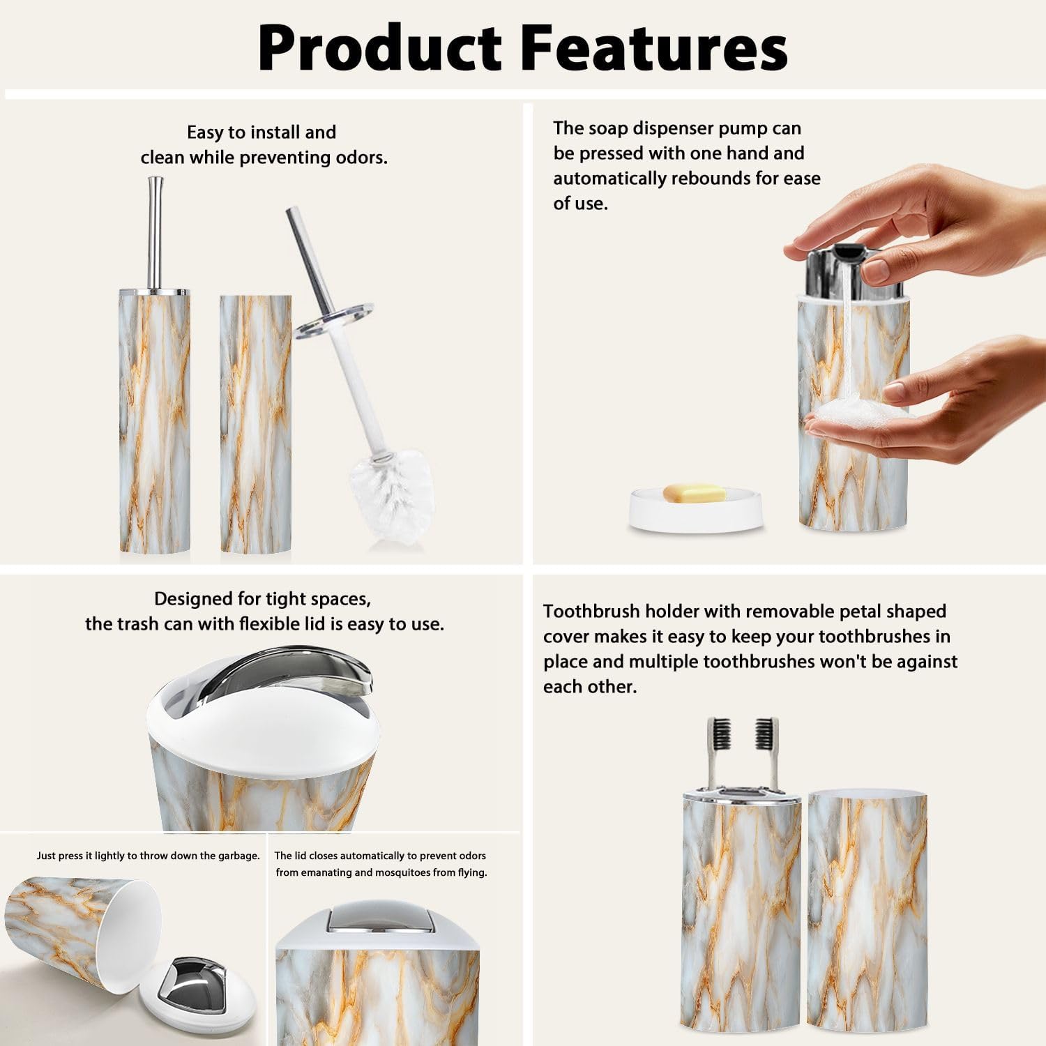 Boho White Marble Bathroom Accessory Set 6 Piece 1