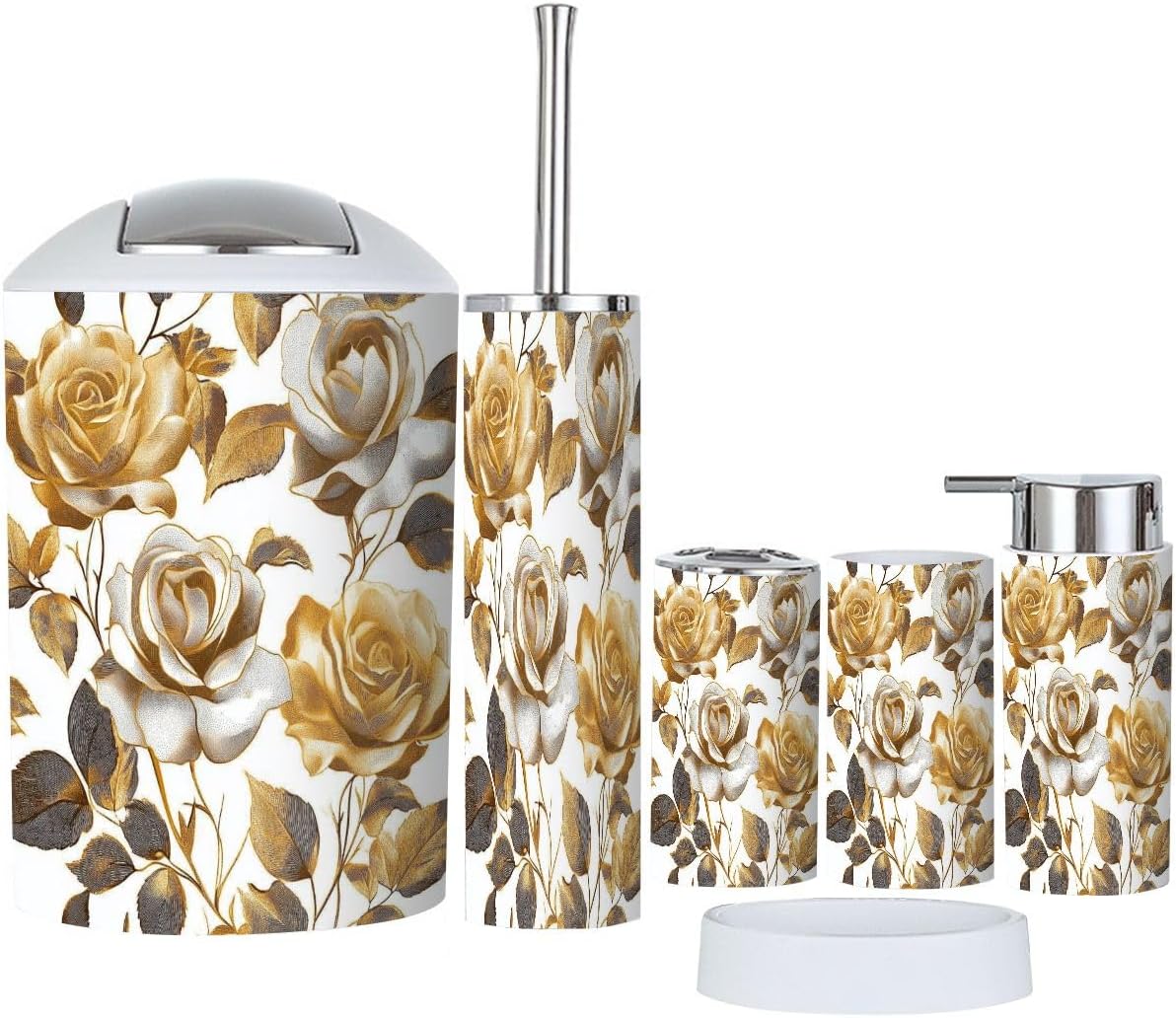 Boho Bathroom Accessories Set 6 Piece Gold Rose Design